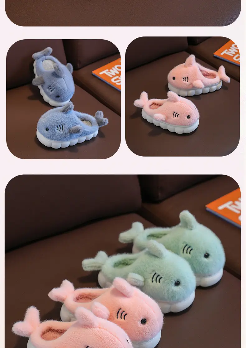 Children's cotton slippers winter boys and girls cartoon cute shark personality home warm padded plush slippers wholesale — feature 18