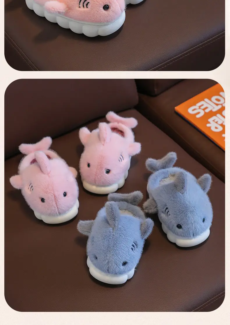 Children's cotton slippers winter boys and girls cartoon cute shark personality home warm padded plush slippers wholesale — feature 19