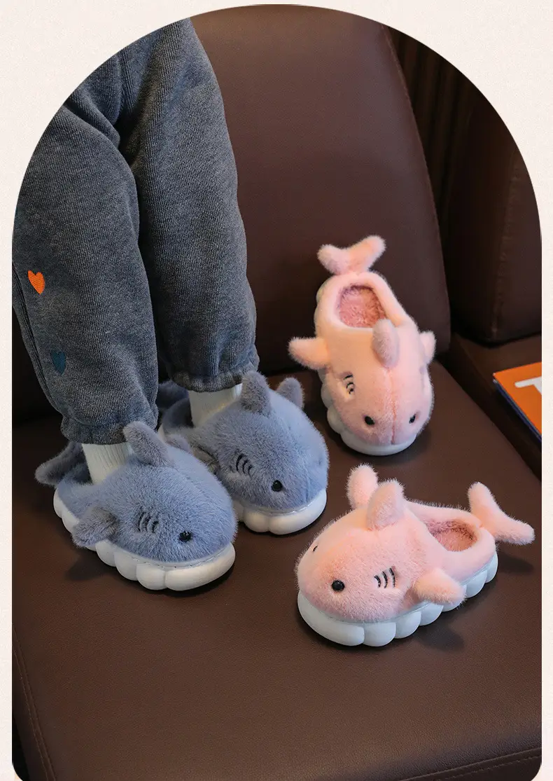 Children's cotton slippers winter boys and girls cartoon cute shark personality home warm padded plush slippers wholesale — feature 4
