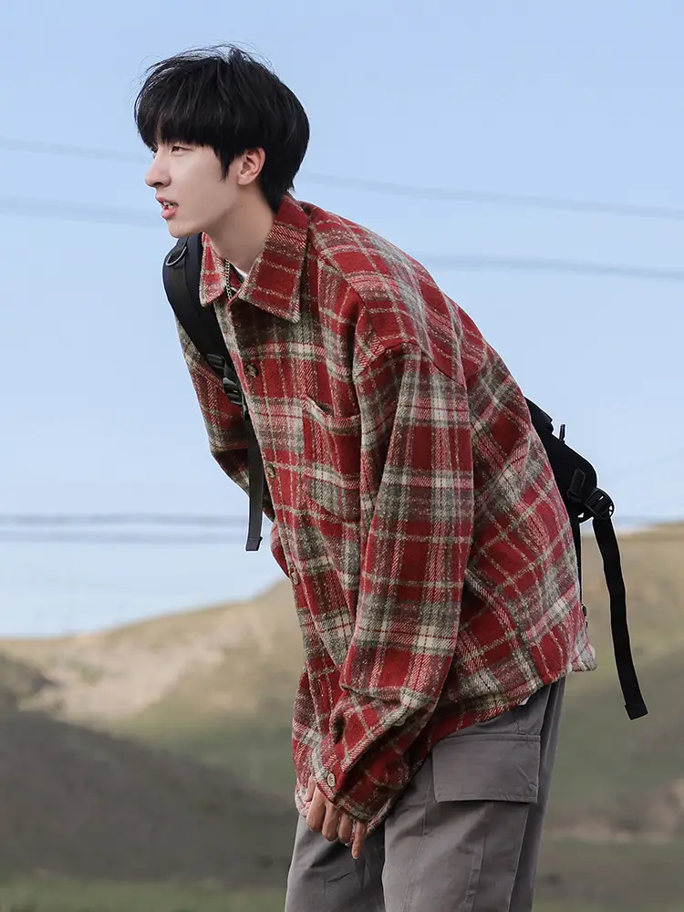 Men Red Plaid Long Sleeve Shirt Q - Image 5