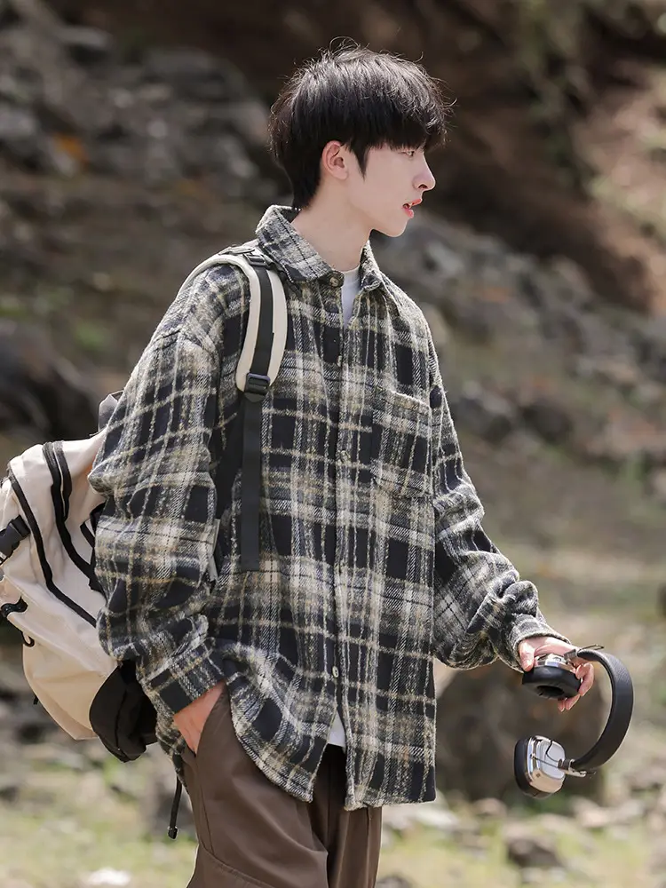 Men Red Plaid Long Sleeve Shirt Q - Image 6