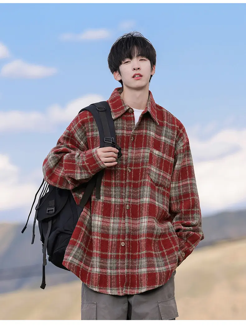 Men Red Plaid Long Sleeve Shirt Q — feature 10