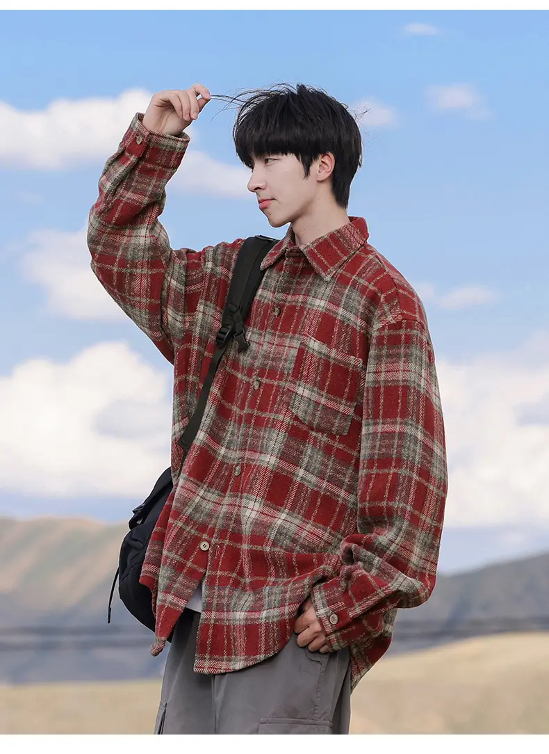 Men Red Plaid Long Sleeve Shirt Q — feature 11