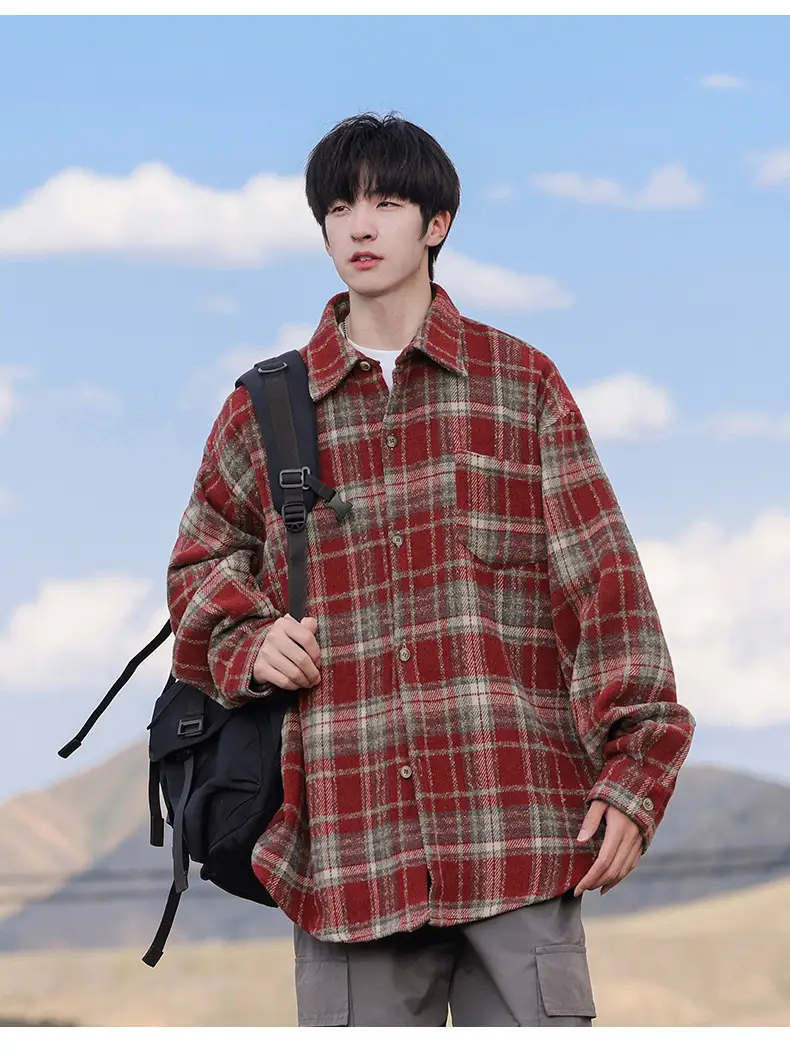 Men Red Plaid Long Sleeve Shirt Q — feature 12