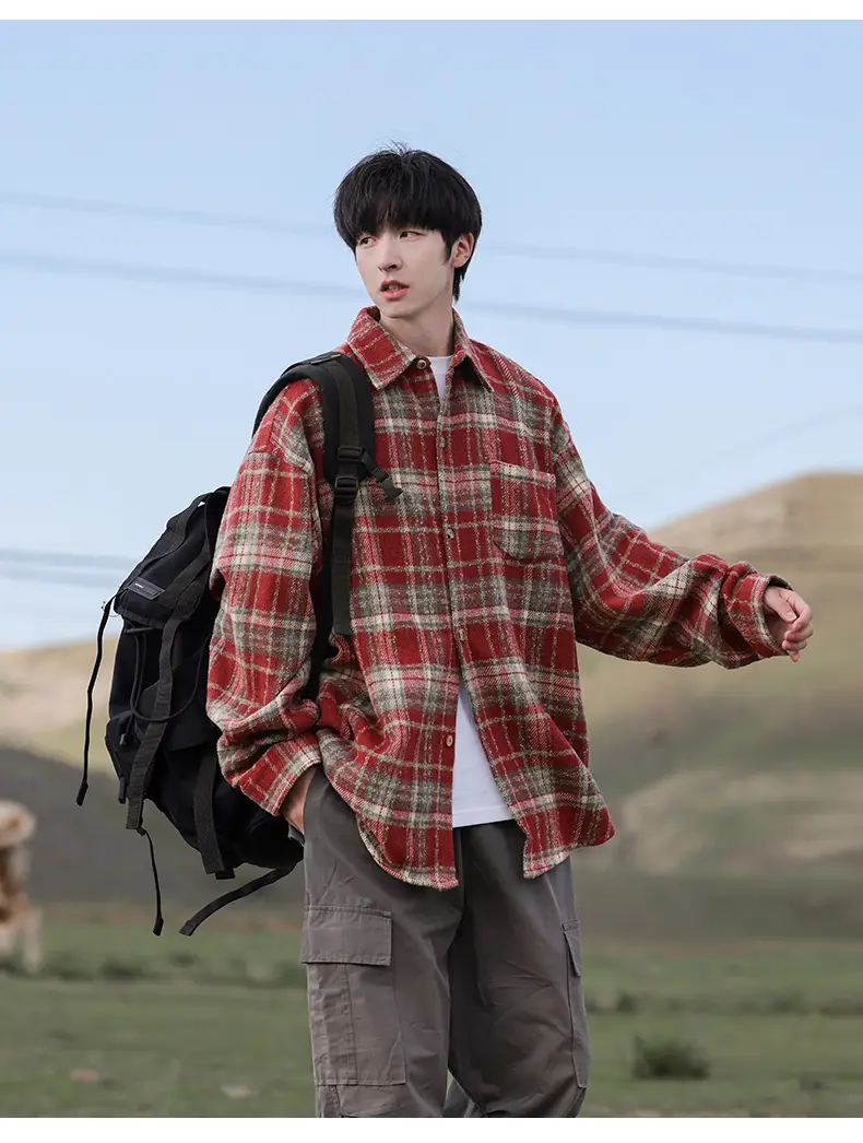 Men Red Plaid Long Sleeve Shirt Q — feature 13