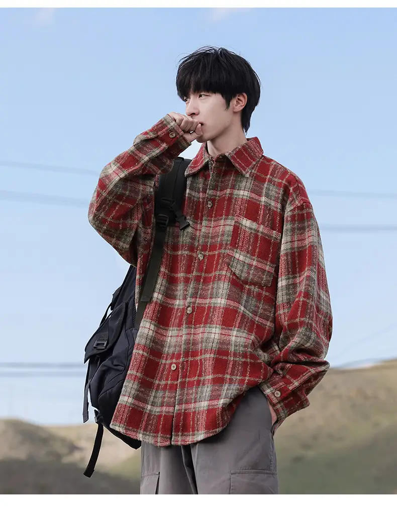 Men Red Plaid Long Sleeve Shirt Q — feature 14
