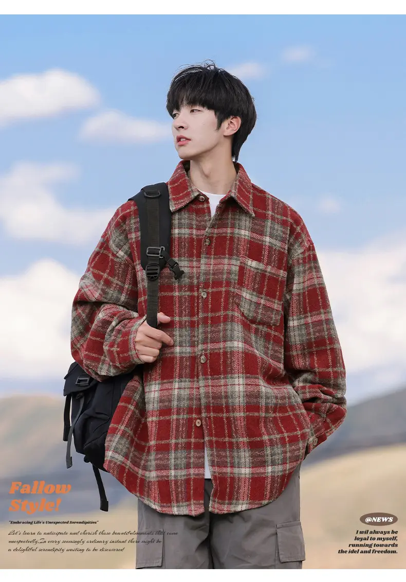 Men Red Plaid Long Sleeve Shirt Q — feature 3