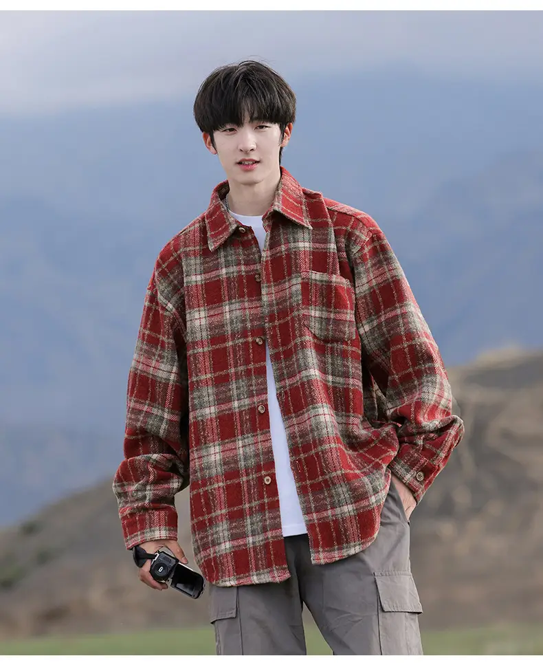 Men Red Plaid Long Sleeve Shirt Q — feature 8