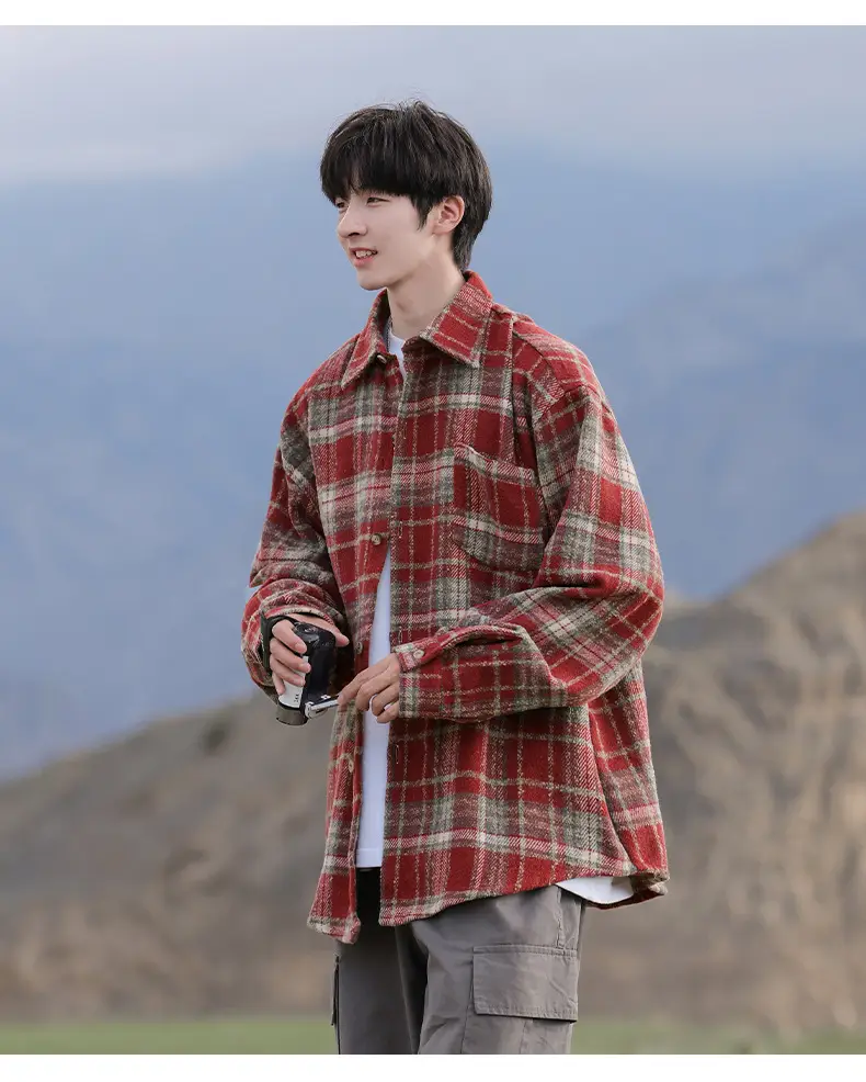 Men Red Plaid Long Sleeve Shirt Q — feature 9