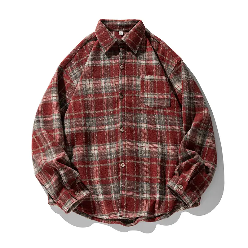 Men Red Plaid Long Sleeve Shirt Q - Image 2