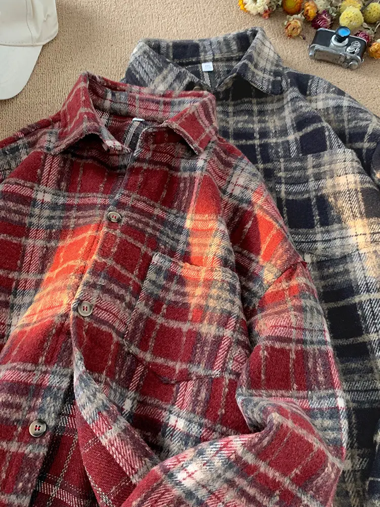 Hanlu Plaid Shirt Blue Brown Unisex Spring Loose Fit - Image 5