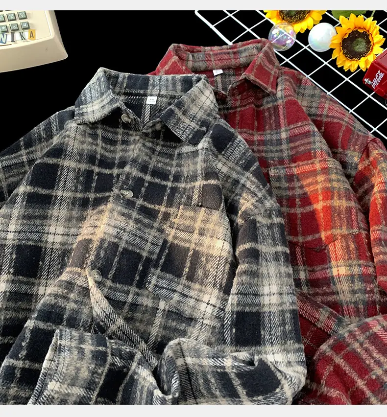 Hanlu Plaid Shirt Blue Brown Unisex Spring Loose Fit — feature 10