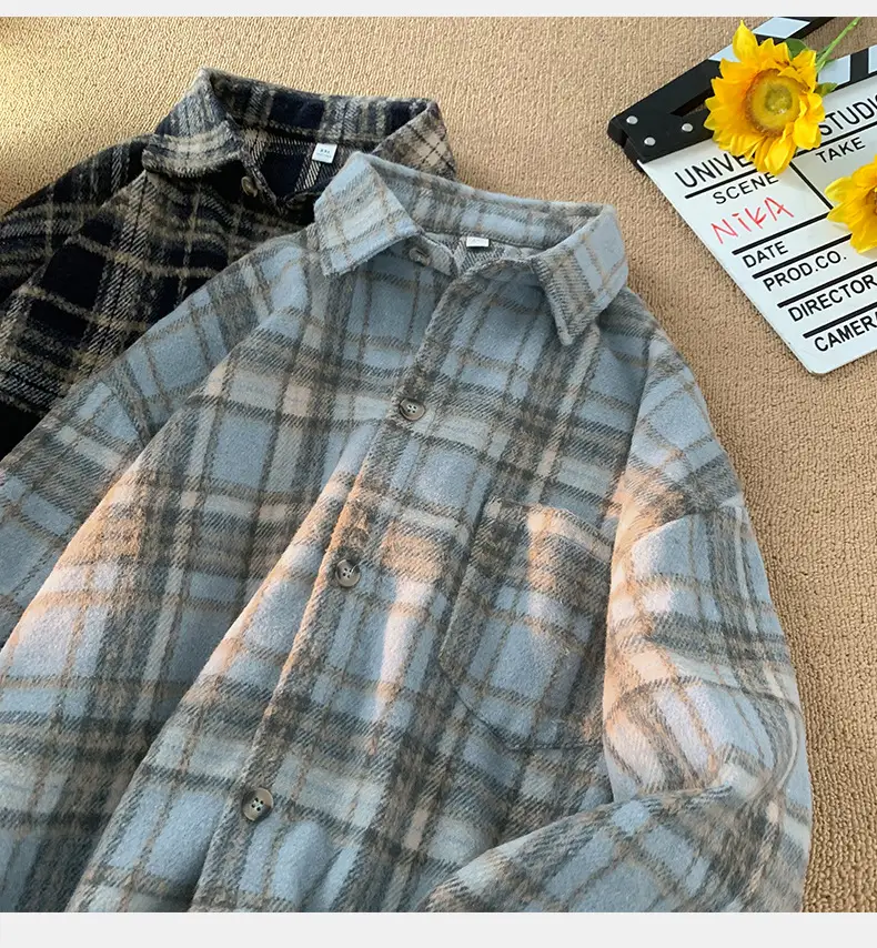 Hanlu Plaid Shirt Blue Brown Unisex Spring Loose Fit — feature 11
