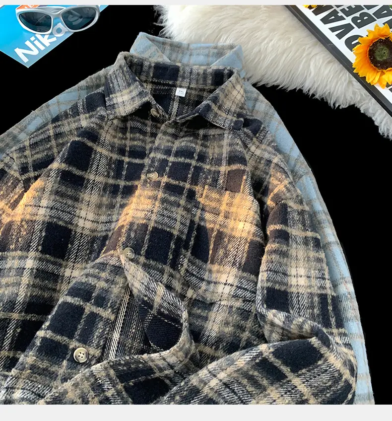 Hanlu Plaid Shirt Blue Brown Unisex Spring Loose Fit — feature 12