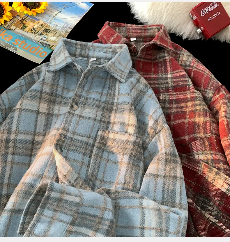 Hanlu Plaid Shirt Blue Brown Unisex Spring Loose Fit — feature 13