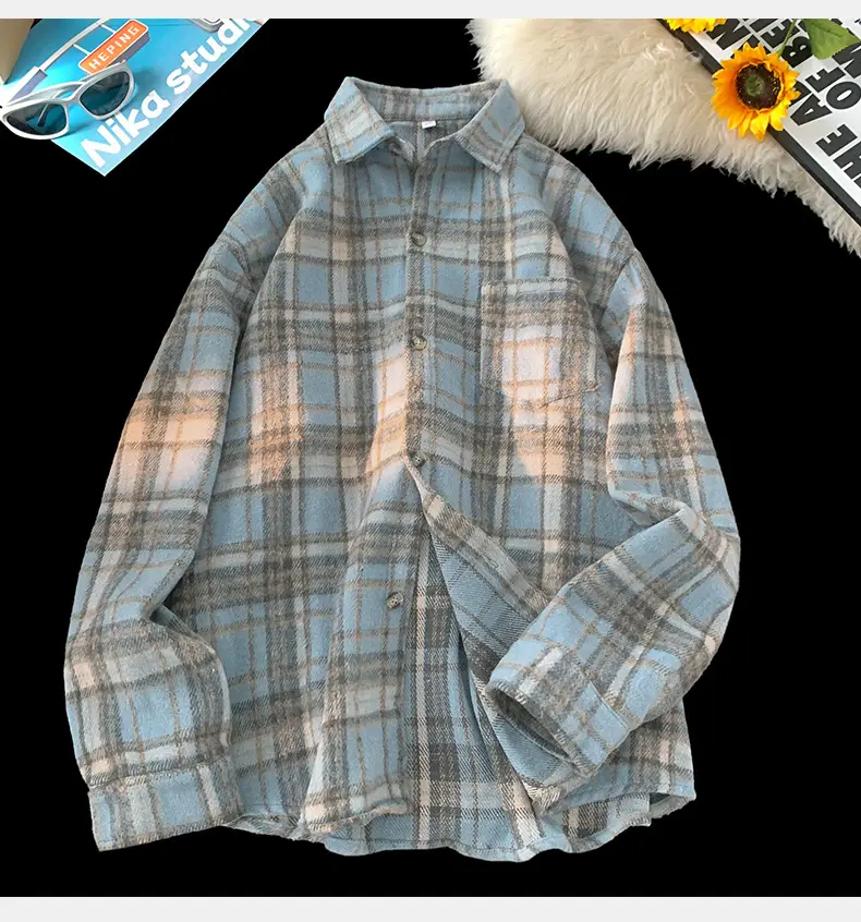 Hanlu Plaid Shirt Blue Brown Unisex Spring Loose Fit — feature 17