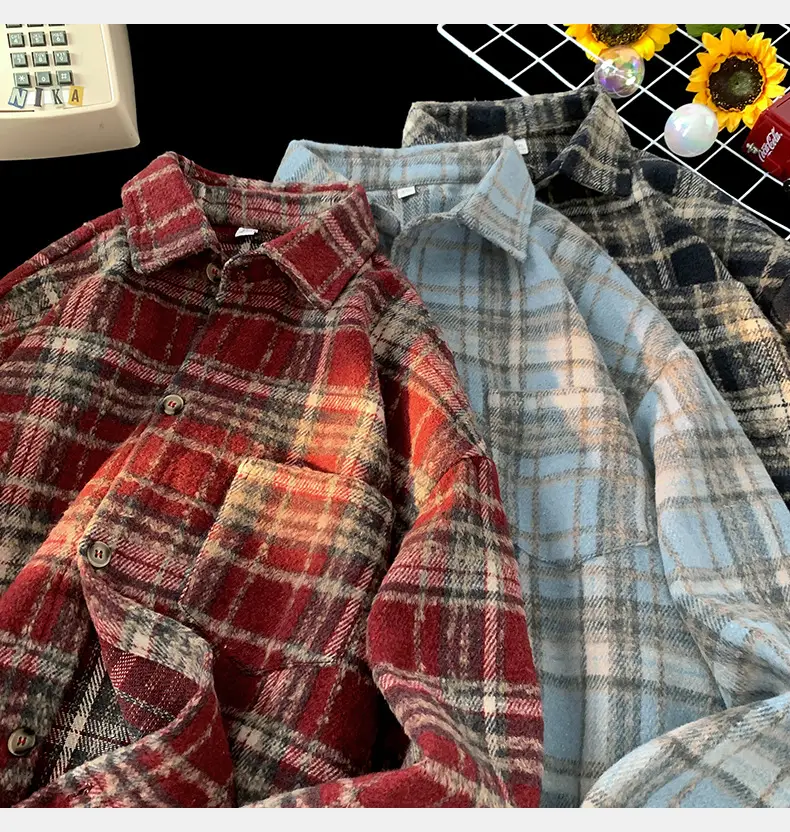 Hanlu Plaid Shirt Blue Brown Unisex Spring Loose Fit — feature 3