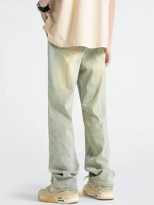 Men's Yellow Mud Washed Loose Wide-leg Pants - Image 3