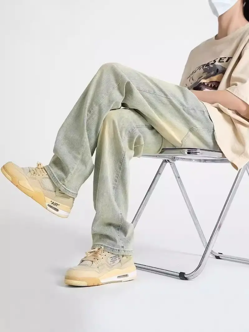 Men's Yellow Mud Washed Loose Wide-leg Pants - Image 4