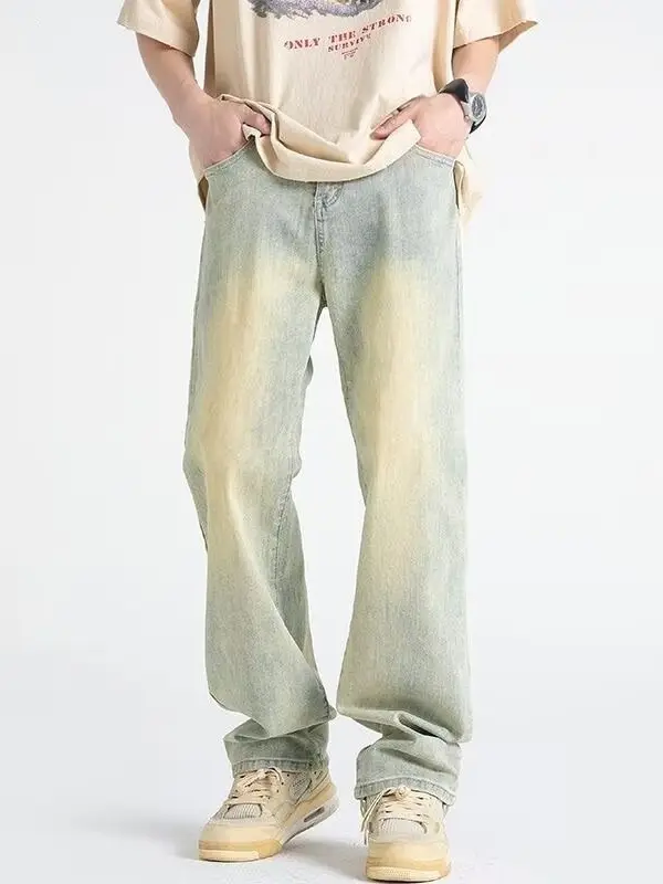 Men's Yellow Mud Washed Loose Wide-leg Pants - Image 5