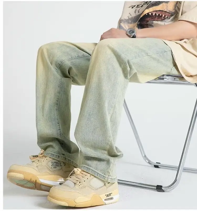 Men's Yellow Mud Washed Loose Wide-leg Pants — feature 1