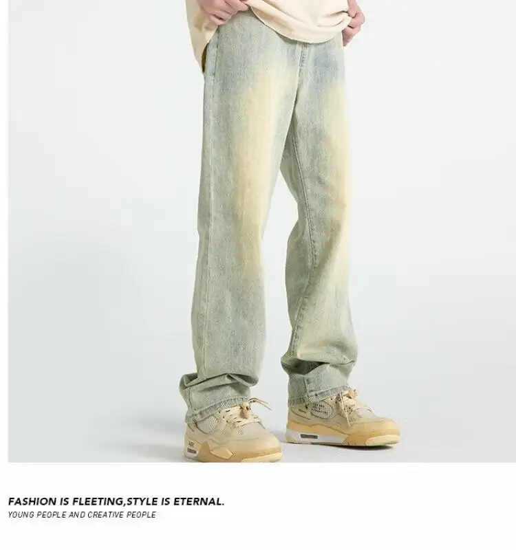 Men's Yellow Mud Washed Loose Wide-leg Pants — feature 2