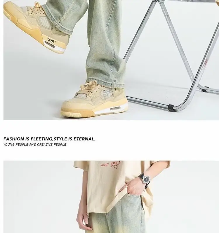 Men's Yellow Mud Washed Loose Wide-leg Pants — feature 7