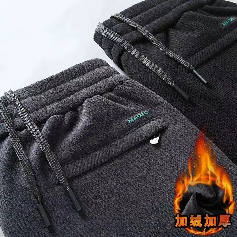 Men's Dark Blue Corduroy Pants Thick Fleece Lined Winter Casual — feature 2