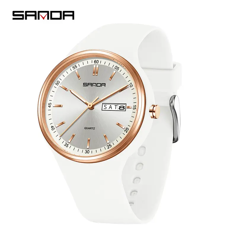 Sanda White Quartz Watch with Double Calendar & Waterproof - Image 5