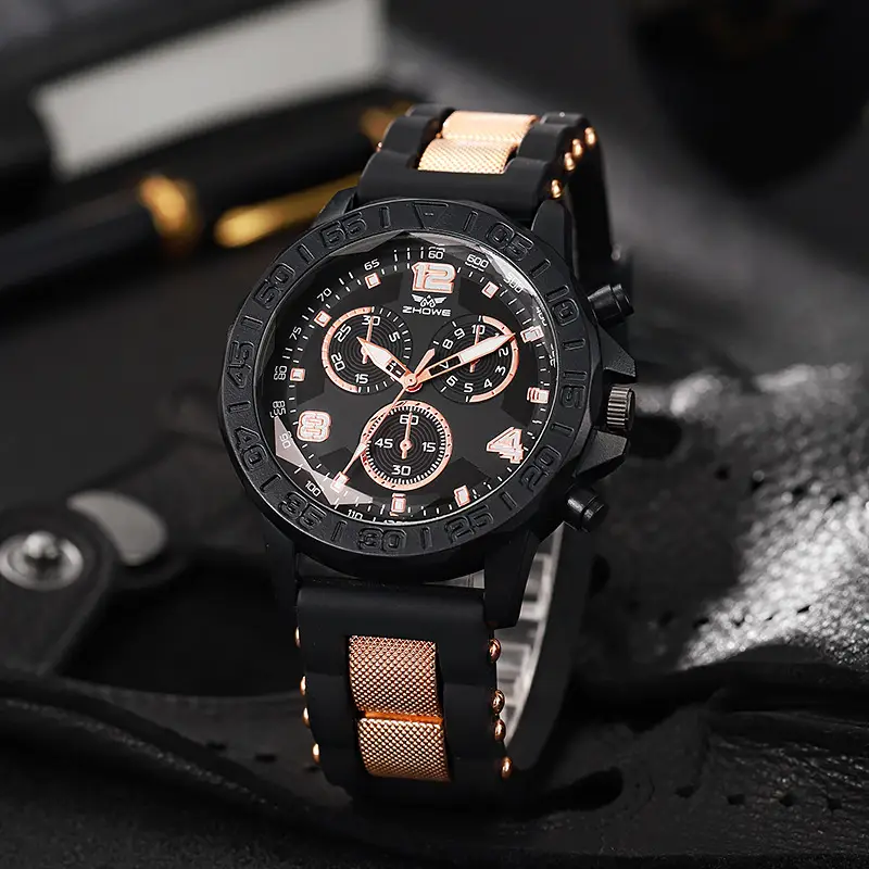 Men's Black Chronograph Watch with Rose Gold Strap - Image 4