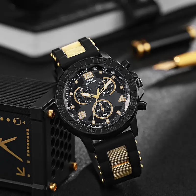 Men's Black Chronograph Watch with Rose Gold Strap — feature 3