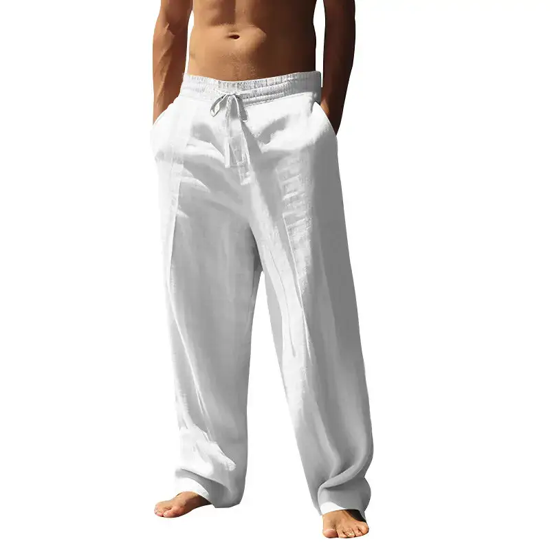 Men's White Hip-hop Casual Trousers Cotton Linen Loose Fit — feature 19