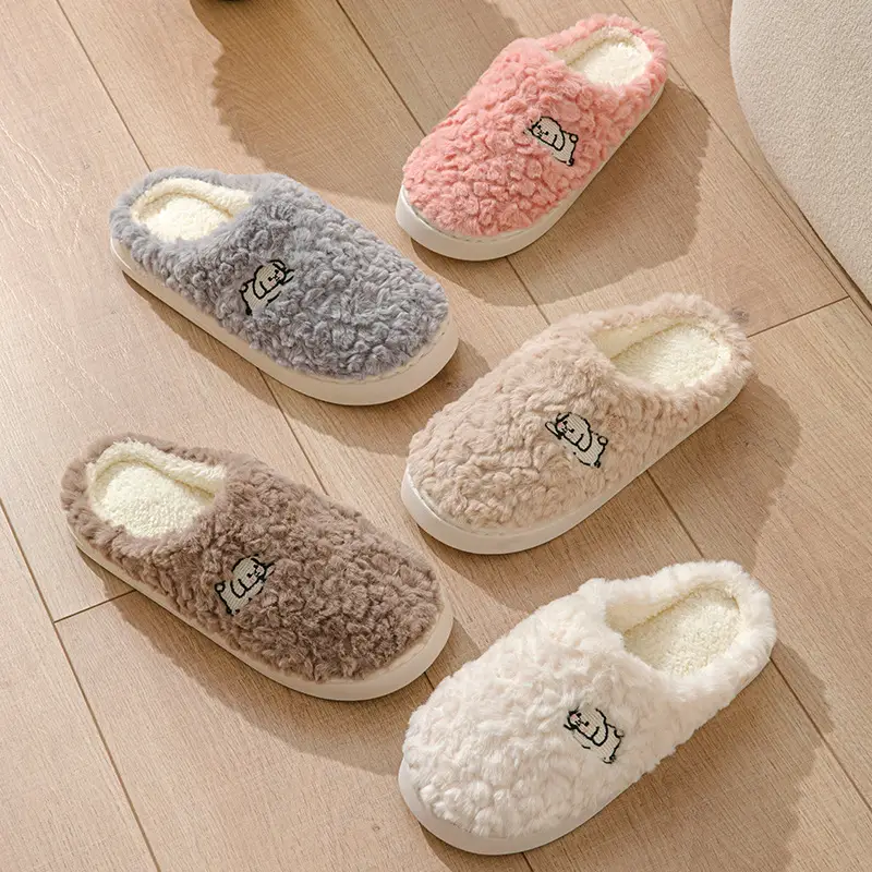Autumn and Winter Cotton Slippers Women's Shit-feeling Plush Cartoon Couple's Home Room with Velvet Warm Moon Shoes for Men - Image 8