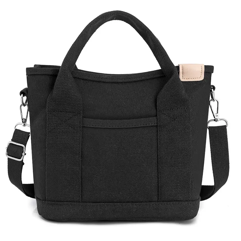 Women Black Canvas Shoulder Bag Multi Compartment Work Tote - Image 4