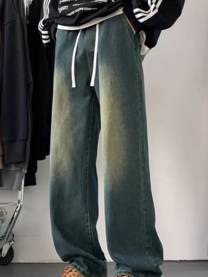 Men Washed Denim Jeans Wide Leg Straight Leg Pants