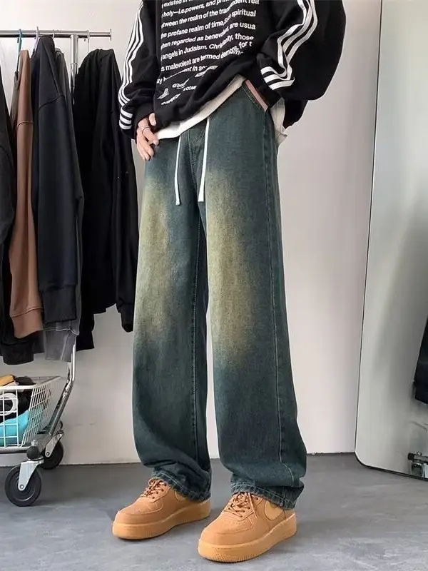 Men Washed Denim Jeans Wide Leg Straight Leg Pants