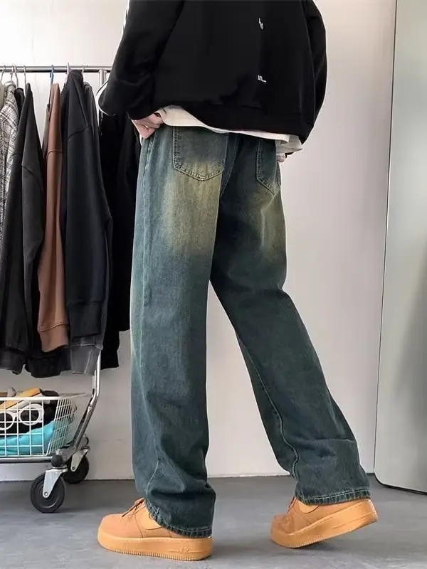 Men Washed Denim Jeans Wide Leg Straight Leg Pants
