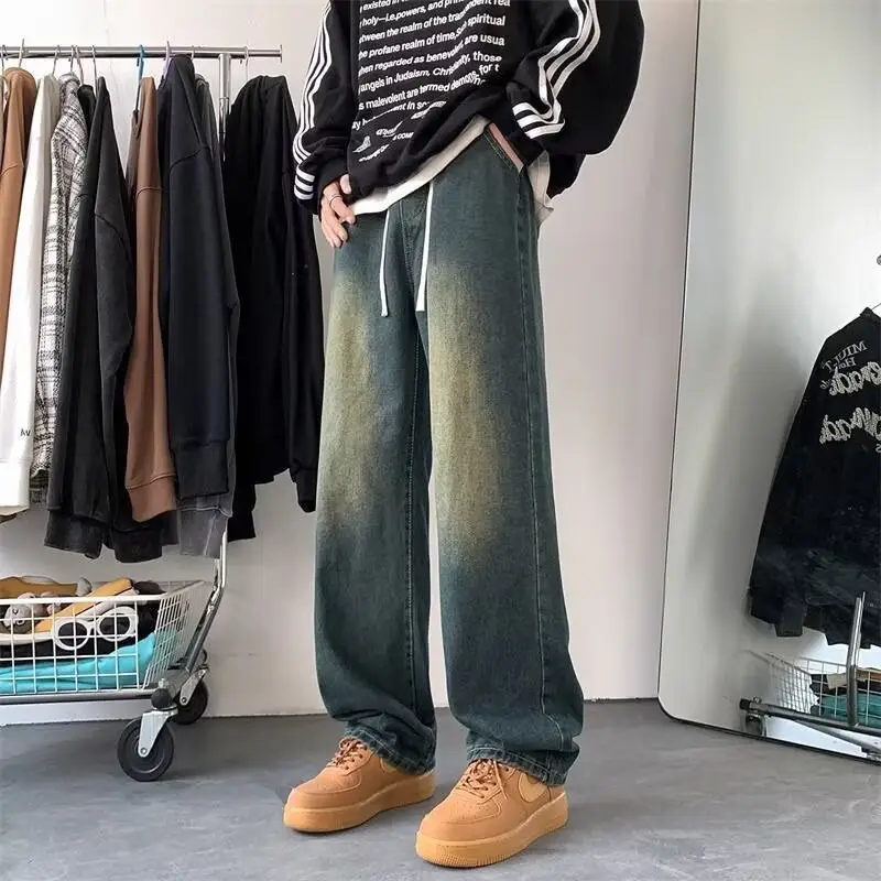 Men Washed Denim Jeans Wide Leg Straight Leg Pants — feature 1