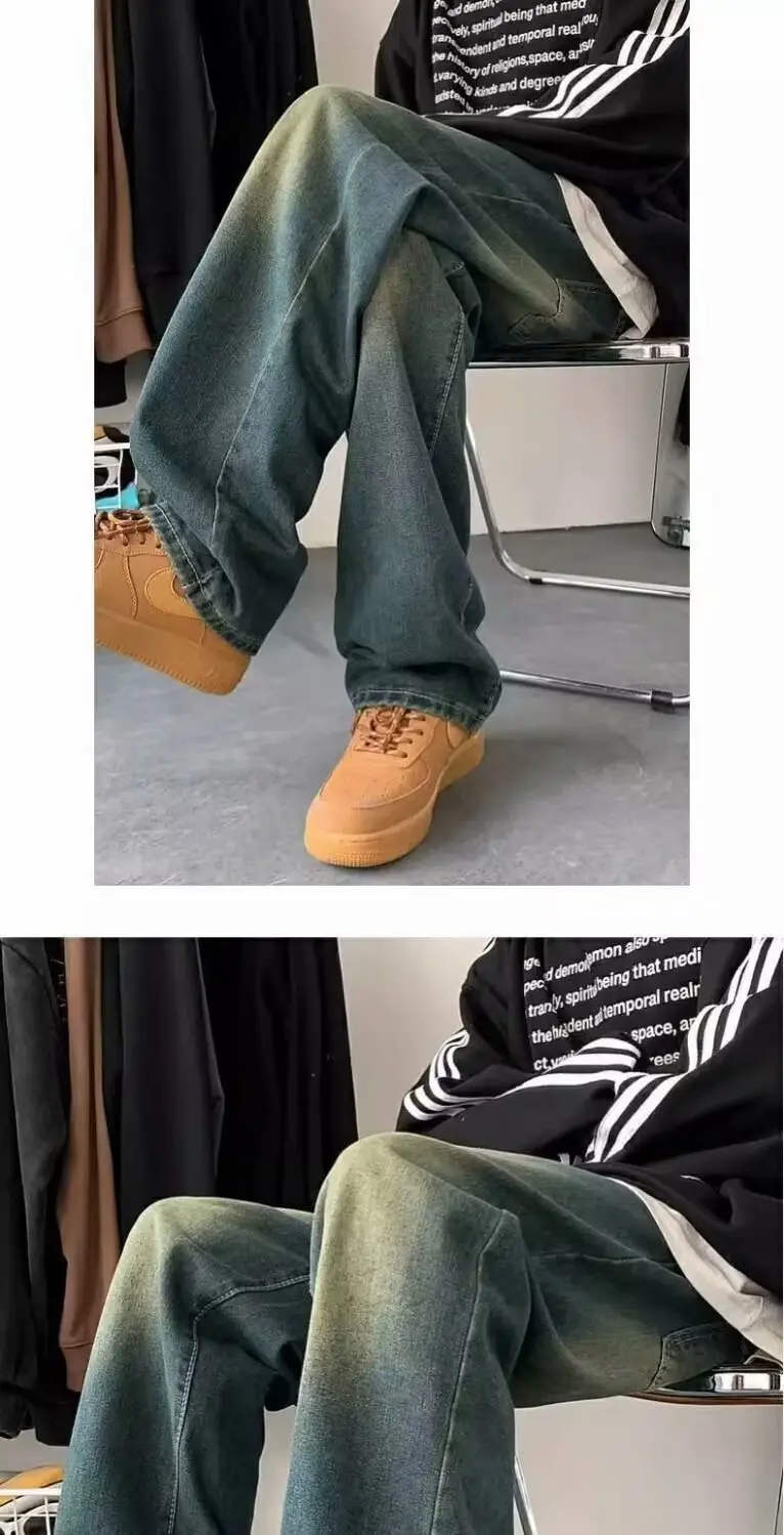 Men Washed Denim Jeans Wide Leg Straight Leg Pants — feature 4