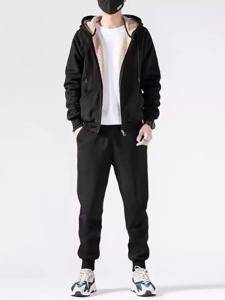 Men's Black Fleece Hooded Sweatshirt Track Suit - Image 42