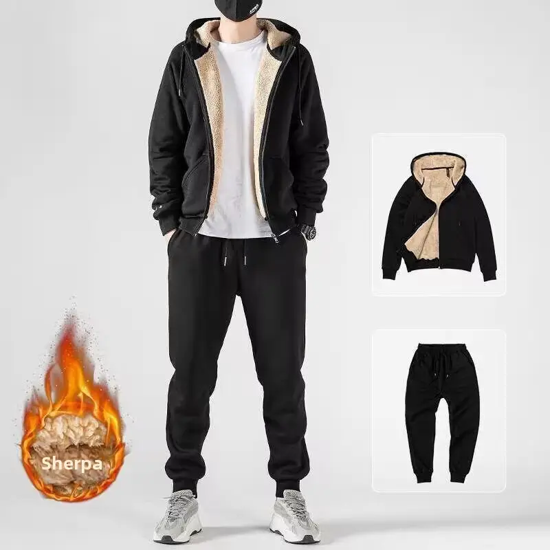 Men's Black Fleece Hooded Sweatshirt Track Suit - Image 3