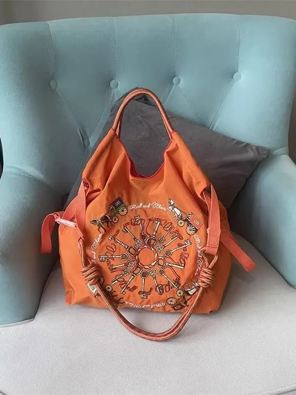 Japanese Embroidery Black Nylon Handbag Orange - Image 8