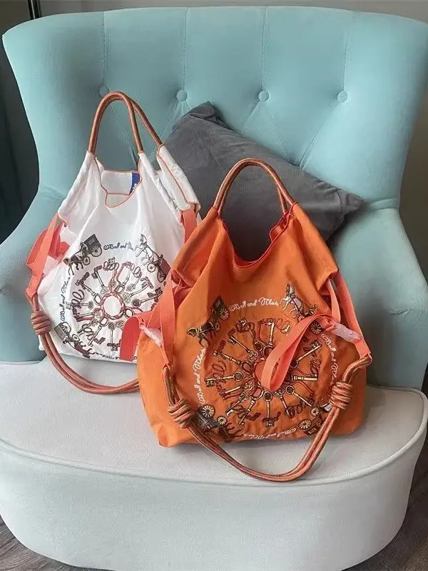Japanese Embroidery Black Nylon Handbag Orange - Image 9