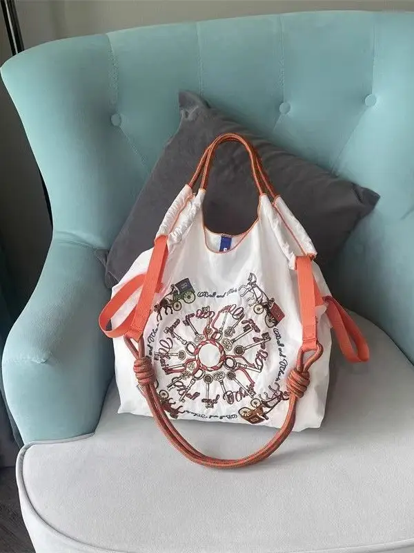 Japanese Embroidery Black Nylon Handbag Orange - Image 10