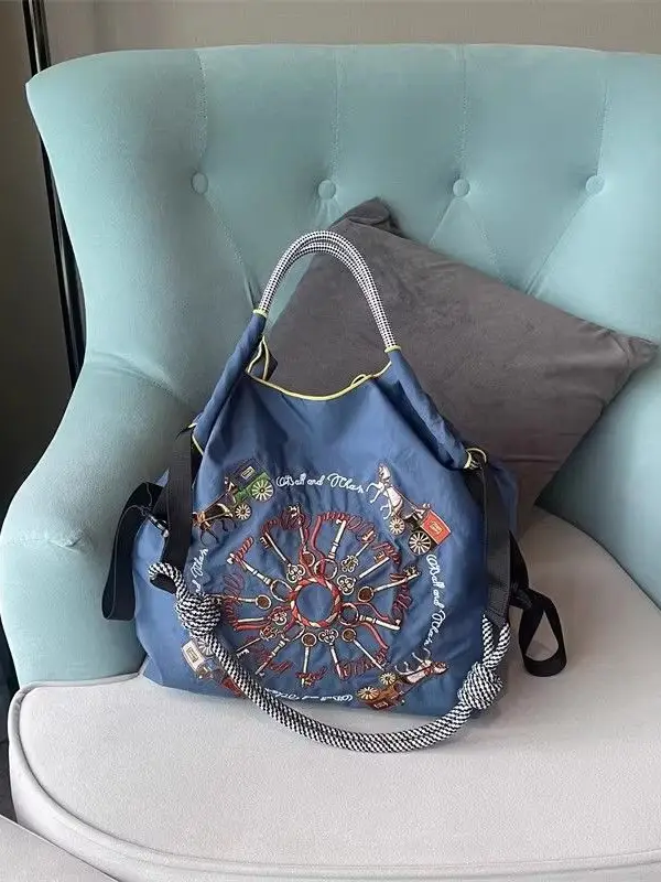 Japanese Embroidery Black Nylon Handbag Orange - Image 11