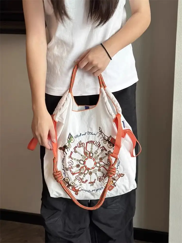 Japanese Embroidery Black Nylon Handbag Orange — feature 11