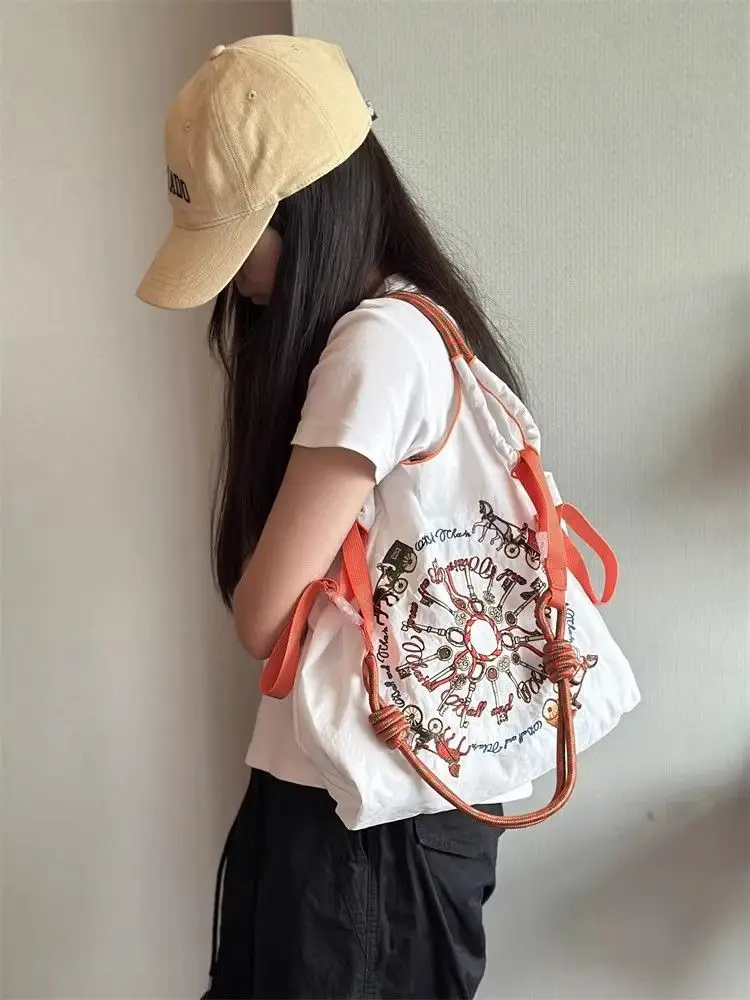 Japanese Embroidery Black Nylon Handbag Orange — feature 12