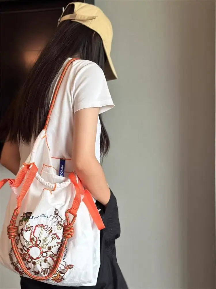 Japanese Embroidery Black Nylon Handbag Orange — feature 13