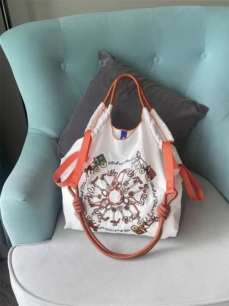 Japanese Embroidery Black Nylon Handbag Orange — feature 5