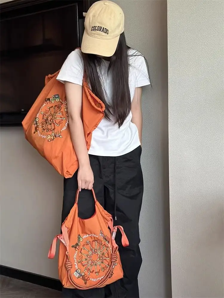 Japanese Embroidery Black Nylon Handbag Orange — feature 6